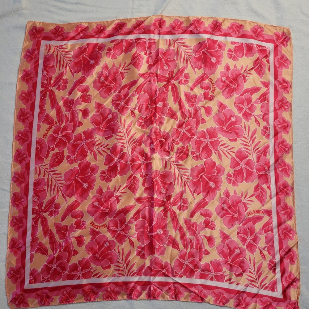 Celandine Pink Orange Hibiscus Floral Tropical Square Silk Scarf 28x28